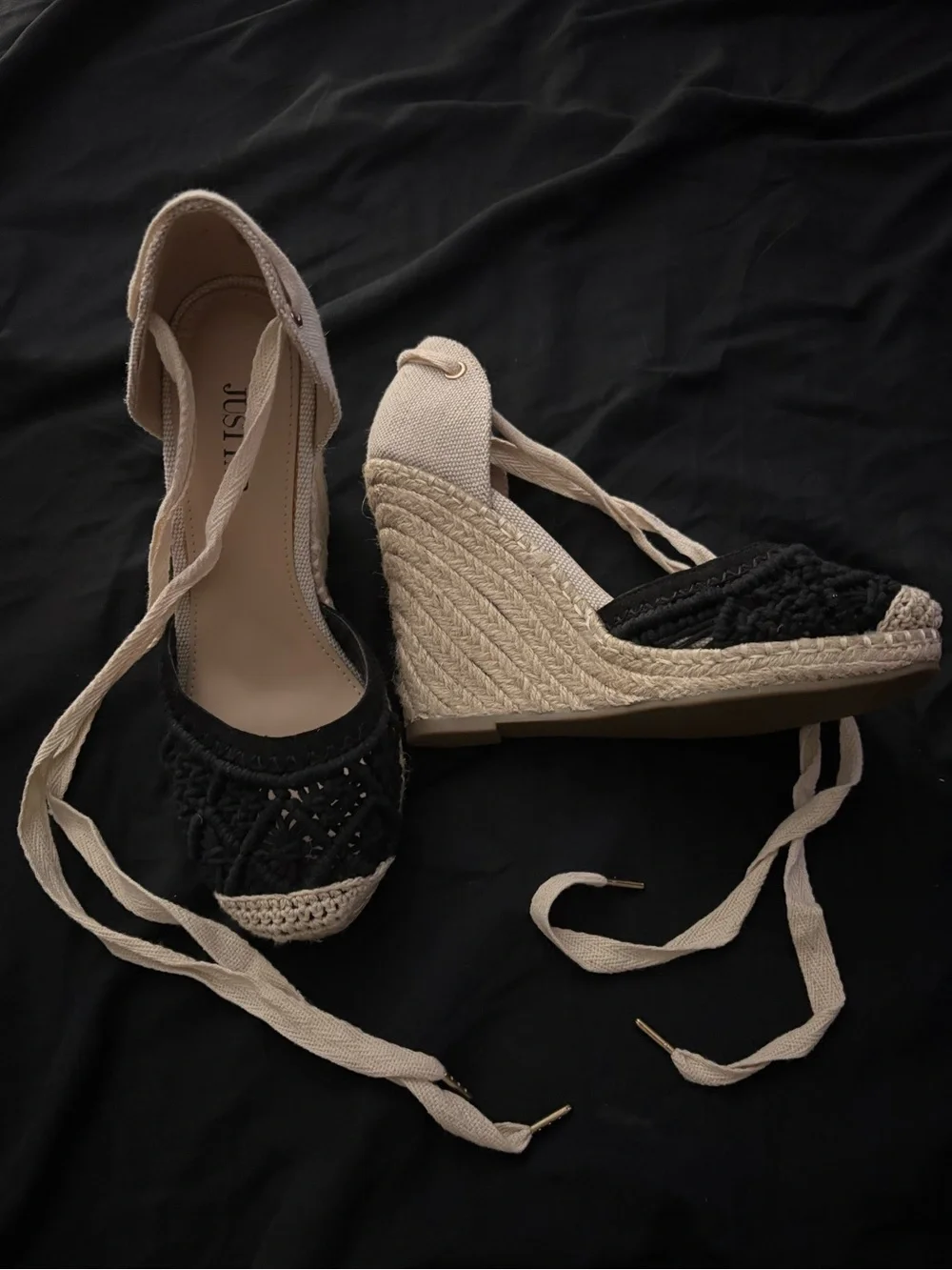JustFab Black and Cream Lace-Up Espadrille Wedges